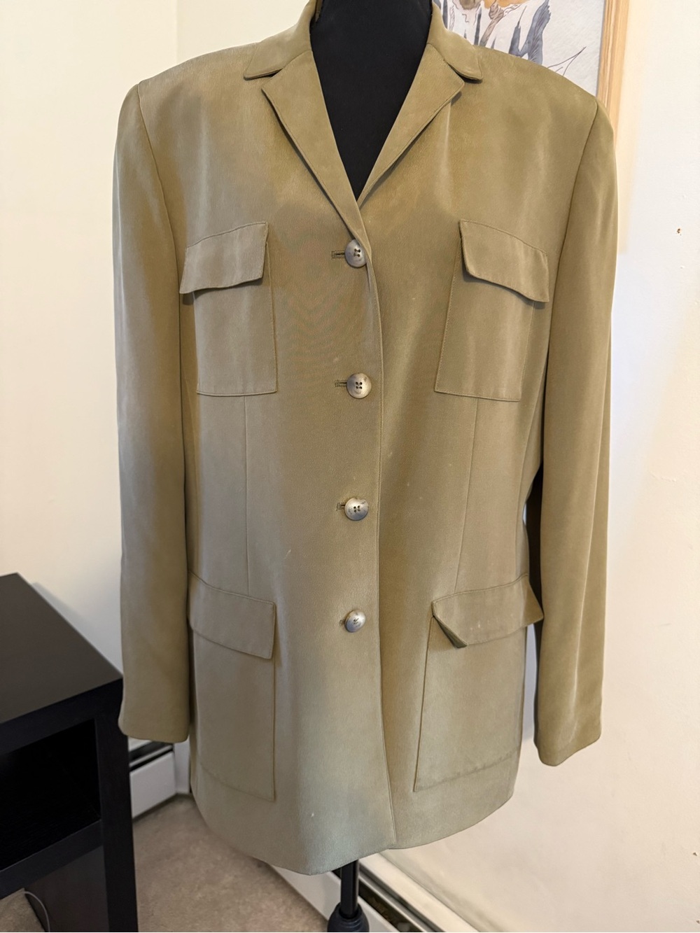 Josephine Chaus 100% Silk Olive Safari Utility Blazer Jacket Sz 14